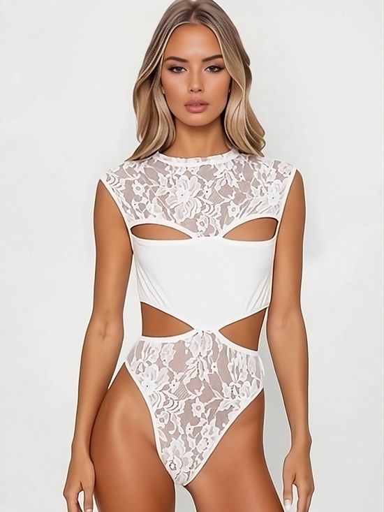 Fashion Nova Tops - SPLICED LACE Bright White Cutout Floral Mesh Mock Neck Bodysuit